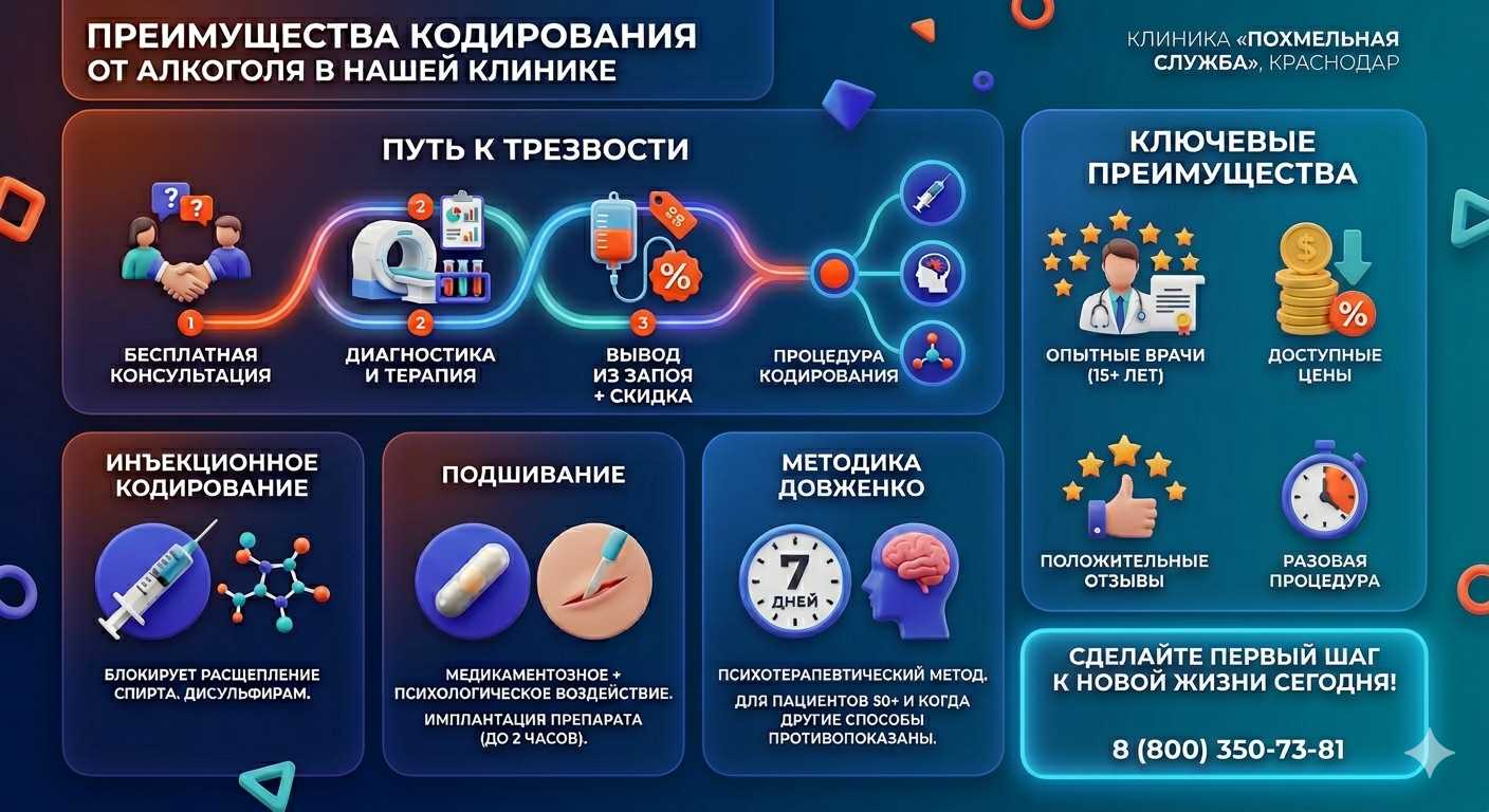 Инфографика о методах кодирования от алкоголя в Варне: инъекции, подшивание, метод Довженко. Преимущества клиники и этапы лечения.