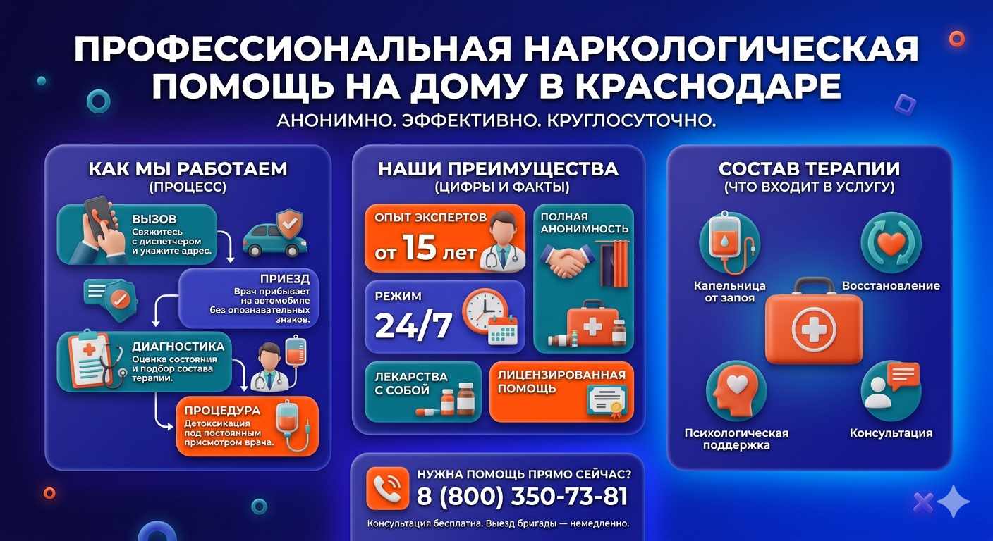Инфографика о принципах лечения алкоголизма на дому в Варне: этапы вызова нарколога, преимущества анонимной детоксикации и состав медицинской помощи.